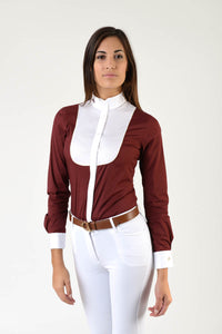 Ladies long sleeve shirt | lady long sleeve shirt | cotton | long sleeves shirt | model GRACE | long sleeves riding shirt | lady riding shirt | riding shirt | ladies riding shirt | comfort of movement | Makebe | clothing | equestrian | riding | technical material | made in Italy | elegance | bordeaux |