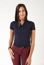 Load image into Gallery viewer, Ladies short sleeve polo shirt | lady short sleeve polo shirt | cotton | short sleeves polo shirt | short sleeves shirt | model ATENA | short sleeves riding polo | lady polo | lady riding shirt | riding shirt | ladies riding shirt | comfort of movement | Makebe | clothing | equestrian | riding | technical material | made in Italy | elegance | blue |