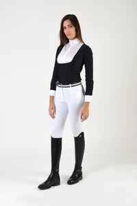 Ladies long sleeve polo shirt | lady long sleeve polo shirt | cotton | long sleeves polo shirt | long sleeves shirt | model ANGEL | long sleeves riding polo | lady polo | lady riding shirt | riding shirt | ladies riding shirt | comfort of movement | Makebe | clothing | equestrian | riding | technical material | made in Italy | elegance | black |