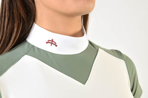 Ladies polo shirt | lady polo shirt | cotton | polo shirt | shirt | model JANE | riding polo | lady polo | lady riding shirt | riding shirt | ladies riding shirt | comfort of movement | Makebe | clothing | equestrian | riding | technical material | made in Italy | elegance | deal | deals | discounts | sales | green | white |