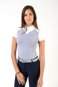 Ladies polo shirt | lady polo shirt | cotton | polo shirt | shirt | model JANE | riding polo | lady polo | lady riding shirt | riding shirt | ladies riding shirt | comfort of movement | Makebe | clothing | equestrian | riding | technical material | made in Italy | elegance | white | grey |