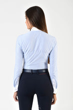 Load image into Gallery viewer, Ladies long sleeve shirt | technical fabric | lady long sleeve shirt | long sleeves shirt | long sleeves shirt | model SOFIA | long sleeves riding shirt | lady polo | lady riding shirt | riding shirt | ladies riding shirt | comfort of movement | Makebe | clothing | equestrian | riding | technical material | made in Italy | elegance | light blue | 