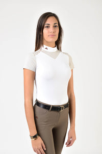 Ladies polo shirt | lady polo shirt | cotton | polo shirt | shirt | model JANE | riding polo | lady polo | lady riding shirt | riding shirt | ladies riding shirt | comfort of movement | Makebe | clothing | equestrian | riding | technical material | made in Italy | elegance | white | beige |