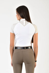 Ladies polo shirt | lady polo shirt | cotton | polo shirt | shirt | model JANE | riding polo | lady polo | lady riding shirt | riding shirt | ladies riding shirt | comfort of movement | Makebe | clothing | equestrian | riding | technical material | made in Italy | elegance | white | beige |