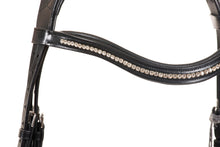 Laden Sie das Bild in den Galerie-Viewer, Leather dressage bridle | black leather | beautiful | bowband | decorated with brilliant zircons | Makebe | riding accessories | horse accessories | leather riding accessories | equestrian | riding | bridles | 