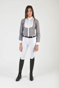 Ladies long sleeve shirt | lady long sleeve shirt | cotton | long sleeves shirt | model GRACE | long sleeves riding shirt | lady riding shirt | riding shirt | ladies riding shirt | comfort of movement | Makebe | clothing | equestrian | riding | technical material | made in Italy | elegance | grey |