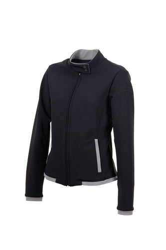 black jacket EMMA | ladies bomber | middle season bomber | Technical Sweater | lady sweater | riding sweater | leisure time | sweater | clothing | equestrian | Makebe | elegance | comfort | comfort of movement | Made in Italy | riding | lady jacket | jacket | 