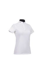 Load image into Gallery viewer, KJ | ladies shirt short sleeve | technical fabric | short sleeves shirt | short sleeves riding shirt | lady shirt | lady riding shirt | riding shirt | ladies riding shirt | lady riding polo shirt | comfort of movement | Makebe | clothing | equestrian | riding | technical material | made in Italy | elegance | white |