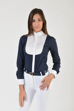 Load image into Gallery viewer, Ladies long sleeve shirt | lady long sleeve shirt | cotton | long sleeves shirt | model GRACE | long sleeves riding shirt | lady riding shirt | riding shirt | ladies riding shirt | comfort of movement | Makebe | clothing | equestrian | riding | technical material | made in Italy | elegance | blue |