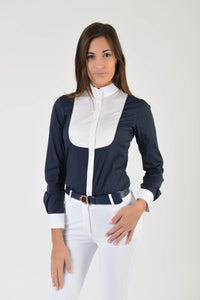 Ladies long sleeve shirt | lady long sleeve shirt | cotton | long sleeves shirt | model GRACE | long sleeves riding shirt | lady riding shirt | riding shirt | ladies riding shirt | comfort of movement | Makebe | clothing | equestrian | riding | technical material | made in Italy | elegance | blue |