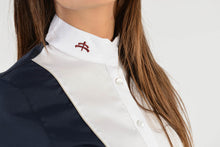 Load image into Gallery viewer, Ladies long sleeve shirt | lady long sleeve shirt | cotton | long sleeves shirt | model GRACE | long sleeves riding shirt | lady riding shirt | riding shirt | ladies riding shirt | comfort of movement | Makebe | clothing | equestrian | riding | technical material | made in Italy | elegance | blue |