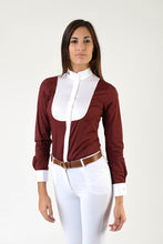 Load image into Gallery viewer, Ladies long sleeve shirt | lady long sleeve shirt | cotton | long sleeves shirt | model GRACE | long sleeves riding shirt | lady riding shirt | riding shirt | ladies riding shirt | comfort of movement | Makebe | clothing | equestrian | riding | technical material | made in Italy | elegance | bordeaux |