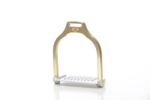 Jump stirrup | wave shape | Makebe | Technical | equestrian | riding | aluminum | inclined bench | easy to clean | innovative grip | Made in Italy | many colors | comfortable | comfort | anodic oxidation | gold