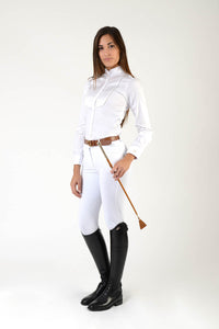 Ladies long sleeve shirt | lady long sleeve shirt | cotton | long sleeves shirt | model GRACE | long sleeves riding shirt | lady riding shirt | riding shirt | ladies riding shirt | comfort of movement | Makebe | clothing | equestrian | riding | technical material | made in Italy | elegance | white |