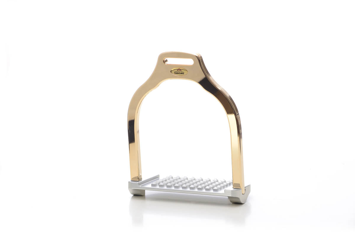 Jump stirrup | wave shape | Makebe | Technical | equestrian | riding | aluminum | inclined bench | easy to clean | innovative grip | Made in Italy | luxy gold | comfortable | comfort | anodic oxidation