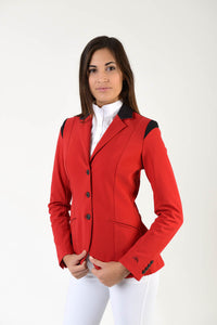 Lady horse riding jacket | model ALTEA | tech fabric | technical materials | technical fabric | riding | equestrian | Makebe | Made in Italy | clothing | jacket | riding jacket | free movememt system | comfort | comfort of movements | elastic materials | riding elastic jacket | elegance | red |