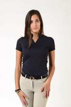 Load image into Gallery viewer, Ladies short sleeve polo shirt | lady short sleeve polo shirt | cotton | short sleeves polo shirt | short sleeves shirt | model ATENA | short sleeves riding polo | lady polo | lady riding shirt | riding shirt | ladies riding shirt | comfort of movement | Makebe | clothing | equestrian | riding | technical material | made in Italy | elegance | black |
