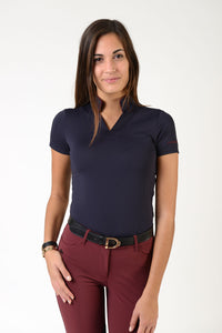 Ladies short sleeve polo shirt | lady short sleeve polo shirt | cotton | short sleeves polo shirt | short sleeves shirt | model ATENA | short sleeves riding polo | lady polo | lady riding shirt | riding shirt | ladies riding shirt | comfort of movement | Makebe | clothing | equestrian | riding | technical material | made in Italy | elegance | blue |