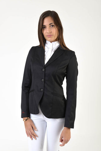 Ladies jacket | lady jacket | free movement system | comfort of movement | Makebe | clothing | equestrian | riding jacket | elegance | made in Italy | model TIFFANY | wool | insert in technical fabric | black |
