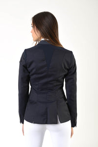 Ladies jacket | lady jacket | free movement system | comfort of movement | Makebe | clothing | equestrian | riding jacket | elegance | made in Italy | model TIFFANY | wool | insert in technical fabric | blue |