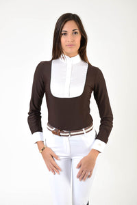 Ladies long sleeve polo shirt | lady long sleeve polo shirt | cotton | long sleeves polo shirt | long sleeves shirt | model ANGEL | long sleeves riding polo | lady polo | lady riding shirt | riding shirt | ladies riding shirt | comfort of movement | Makebe | clothing | equestrian | riding | technical material | made in Italy | elegance | brown |