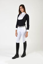 Load image into Gallery viewer, Ladies long sleeve polo shirt | lady long sleeve polo shirt | cotton | long sleeves polo shirt | long sleeves shirt | model ANGEL | long sleeves riding polo | lady polo | lady riding shirt | riding shirt | ladies riding shirt | comfort of movement | Makebe | clothing | equestrian | riding | technical material | made in Italy | elegance | black |