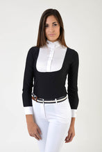 Load image into Gallery viewer, Ladies long sleeve polo shirt | lady long sleeve polo shirt | cotton | long sleeves polo shirt | long sleeves shirt | model ANGEL | long sleeves riding polo | lady polo | lady riding shirt | riding shirt | ladies riding shirt | comfort of movement | Makebe | clothing | equestrian | riding | technical material | made in Italy | elegance | black |