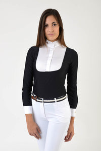 Ladies long sleeve polo shirt | lady long sleeve polo shirt | cotton | long sleeves polo shirt | long sleeves shirt | model ANGEL | long sleeves riding polo | lady polo | lady riding shirt | riding shirt | ladies riding shirt | comfort of movement | Makebe | clothing | equestrian | riding | technical material | made in Italy | elegance | black |