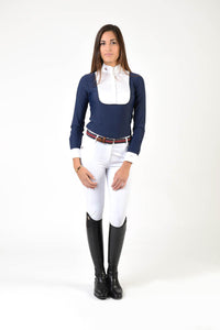 Ladies long sleeve polo shirt | lady long sleeve polo shirt | cotton | long sleeves polo shirt | long sleeves shirt | model ANGEL | long sleeves riding polo | lady polo | lady riding shirt | riding shirt | ladies riding shirt | comfort of movement | Makebe | clothing | equestrian | riding | technical material | made in Italy | elegance | blue |