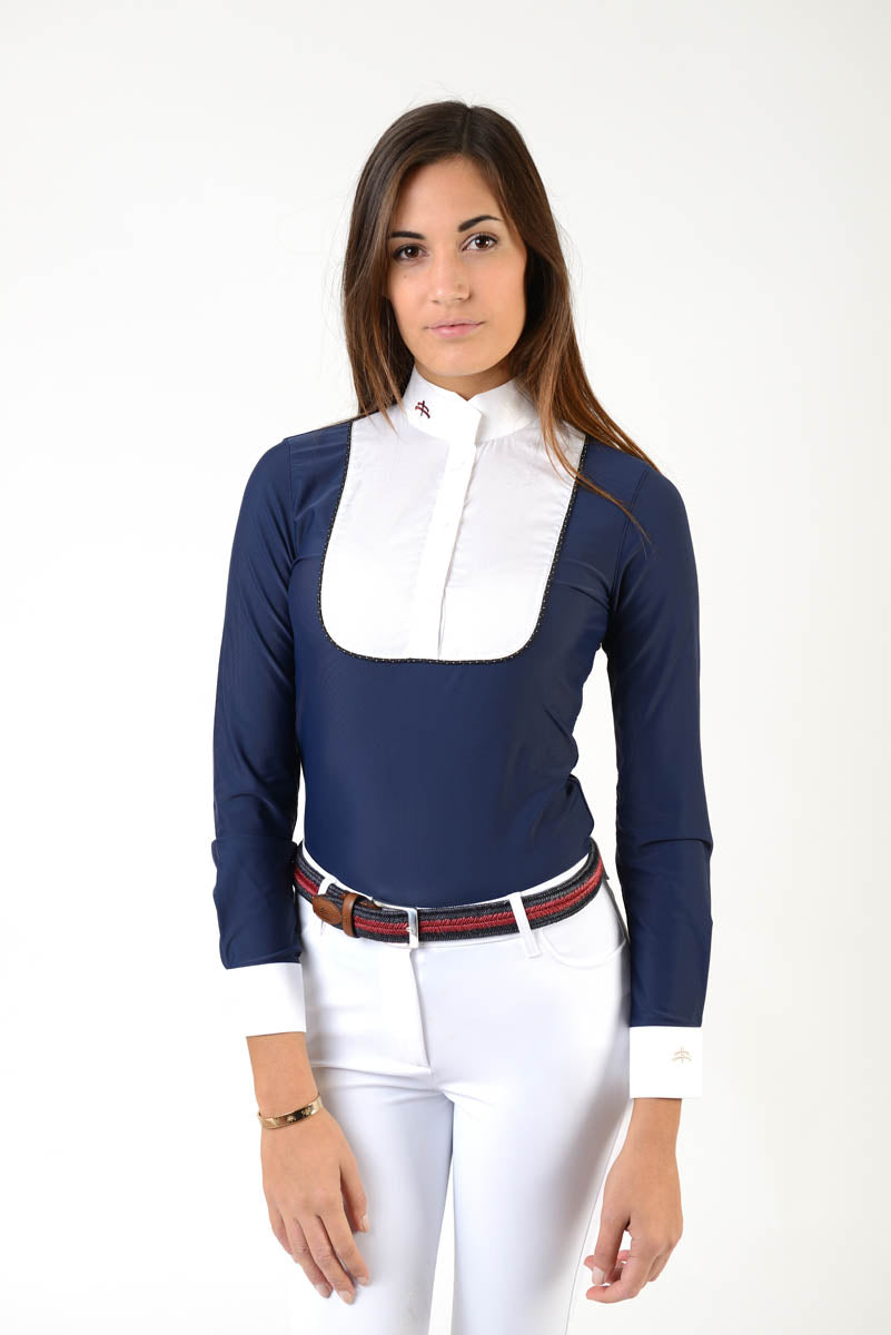 Ladies long sleeve polo shirt | lady long sleeve polo shirt | cotton | long sleeves polo shirt | long sleeves shirt | model ANGEL | long sleeves riding polo | lady polo | lady riding shirt | riding shirt | ladies riding shirt | comfort of movement | Makebe | clothing | equestrian | riding | technical material | made in Italy | elegance | blue |