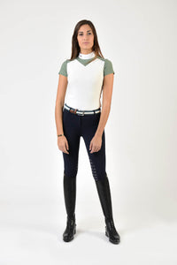 Ladies polo shirt | lady polo shirt | cotton | polo shirt | shirt | model JANE | riding polo | lady polo | lady riding shirt | riding shirt | ladies riding shirt | comfort of movement | Makebe | clothing | equestrian | riding | technical material | made in Italy | elegance | deal | deals | discounts | sales | green | white |