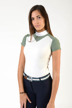 Load image into Gallery viewer, Ladies polo shirt | lady polo shirt | cotton | polo shirt | shirt | model JANE | riding polo | lady polo | lady riding shirt | riding shirt | ladies riding shirt | comfort of movement | Makebe | clothing | equestrian | riding | technical material | made in Italy | elegance | deal | deals | discounts | sales | green | white |