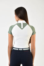 Load image into Gallery viewer, Ladies polo shirt | lady polo shirt | cotton | polo shirt | shirt | model JANE | riding polo | lady polo | lady riding shirt | riding shirt | ladies riding shirt | comfort of movement | Makebe | clothing | equestrian | riding | technical material | made in Italy | elegance | deal | deals | discounts | sales | green | white |