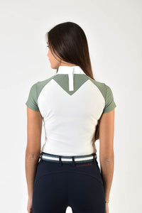 Ladies polo shirt | lady polo shirt | cotton | polo shirt | shirt | model JANE | riding polo | lady polo | lady riding shirt | riding shirt | ladies riding shirt | comfort of movement | Makebe | clothing | equestrian | riding | technical material | made in Italy | elegance | deal | deals | discounts | sales | green | white |