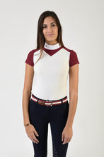 Load image into Gallery viewer, Ladies polo shirt | lady polo shirt | cotton | polo shirt | shirt | model JANE | riding polo | lady polo | lady riding shirt | riding shirt | ladies riding shirt | comfort of movement | Makebe | clothing | equestrian | riding | technical material | made in Italy | elegance | deal | deals | discounts | sales | bordeaux | white |