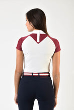 Load image into Gallery viewer, Ladies polo shirt | lady polo shirt | cotton | polo shirt | shirt | model JANE | riding polo | lady polo | lady riding shirt | riding shirt | ladies riding shirt | comfort of movement | Makebe | clothing | equestrian | riding | technical material | made in Italy | elegance | deal | deals | discounts | sales | bordeaux | white |