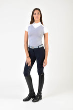 Load image into Gallery viewer, Ladies polo shirt | lady polo shirt | cotton | polo shirt | shirt | model JANE | riding polo | lady polo | lady riding shirt | riding shirt | ladies riding shirt | comfort of movement | Makebe | clothing | equestrian | riding | technical material | made in Italy | elegance | white | grey |