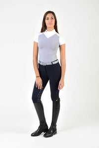 Ladies polo shirt | lady polo shirt | cotton | polo shirt | shirt | model JANE | riding polo | lady polo | lady riding shirt | riding shirt | ladies riding shirt | comfort of movement | Makebe | clothing | equestrian | riding | technical material | made in Italy | elegance | white | grey |