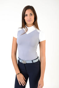 Ladies polo shirt | lady polo shirt | cotton | polo shirt | shirt | model JANE | riding polo | lady polo | lady riding shirt | riding shirt | ladies riding shirt | comfort of movement | Makebe | clothing | equestrian | riding | technical material | made in Italy | elegance | white | grey |