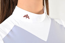 Load image into Gallery viewer, Ladies polo shirt | lady polo shirt | cotton | polo shirt | shirt | model JANE | riding polo | lady polo | lady riding shirt | riding shirt | ladies riding shirt | comfort of movement | Makebe | clothing | equestrian | riding | technical material | made in Italy | elegance | white | grey |