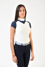 Load image into Gallery viewer, Ladies polo shirt | lady polo shirt | cotton | polo shirt | shirt | model JANE | riding polo | lady polo | lady riding shirt | riding shirt | ladies riding shirt | comfort of movement | Makebe | clothing | equestrian | riding | technical material | made in Italy | elegance | deal | deals | discounts | sales | blue | white |