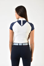 Load image into Gallery viewer, Ladies polo shirt | lady polo shirt | cotton | polo shirt | shirt | model JANE | riding polo | lady polo | lady riding shirt | riding shirt | ladies riding shirt | comfort of movement | Makebe | clothing | equestrian | riding | technical material | made in Italy | elegance | deal | deals | discounts | sales | blue | white |