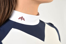 Load image into Gallery viewer, Ladies polo shirt | lady polo shirt | cotton | polo shirt | shirt | model JANE | riding polo | lady polo | lady riding shirt | riding shirt | ladies riding shirt | comfort of movement | Makebe | clothing | equestrian | riding | technical material | made in Italy | elegance | deal | deals | discounts | sales | blue | white |