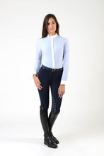 Load image into Gallery viewer, Ladies long sleeve shirt | technical fabric | lady long sleeve shirt | long sleeves shirt | long sleeves shirt | model SOFIA | long sleeves riding shirt | lady polo | lady riding shirt | riding shirt | ladies riding shirt | comfort of movement | Makebe | clothing | equestrian | riding | technical material | made in Italy | elegance | light blue | 