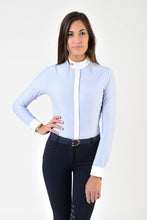 Load image into Gallery viewer, Ladies long sleeve shirt | technical fabric | lady long sleeve shirt | long sleeves shirt | long sleeves shirt | model SOFIA | long sleeves riding shirt | lady polo | lady riding shirt | riding shirt | ladies riding shirt | comfort of movement | Makebe | clothing | equestrian | riding | technical material | made in Italy | elegance | light blue | 