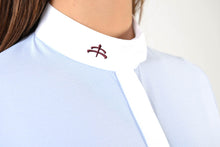 Load image into Gallery viewer, Ladies long sleeve shirt | technical fabric | lady long sleeve shirt | long sleeves shirt | long sleeves shirt | model SOFIA | long sleeves riding shirt | lady polo | lady riding shirt | riding shirt | ladies riding shirt | comfort of movement | Makebe | clothing | equestrian | riding | technical material | made in Italy | elegance | light blue | 