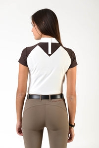 Ladies polo shirt | lady polo shirt | cotton | polo shirt | shirt | model JANE | riding polo | lady polo | lady riding shirt | riding shirt | ladies riding shirt | comfort of movement | Makebe | clothing | equestrian | riding | technical material | made in Italy | elegance | deal | deals | discounts | sales | brown | white |