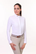 Laden Sie das Bild in den Galerie-Viewer, Ladies long sleeve shirt | technical fabric | lady long sleeve shirt | long sleeves shirt | long sleeves shirt | model SOFIA | long sleeves riding shirt | lady polo | lady riding shirt | riding shirt | ladies riding shirt | comfort of movement | Makebe | clothing | equestrian | riding | technical material | made in Italy | elegance | white | 