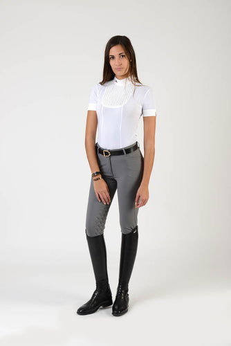 Ladies polo shirt | lady polo shirt | cotton | polo shirt | shirt | model VERONICA | riding polo | lady polo | lady riding shirt | riding shirt | ladies riding shirt | comfort of movement | Makebe | clothing | equestrian | riding | technical material | made in Italy | elegance | white