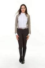 Load image into Gallery viewer, Ladies long sleeve polo shirt | technical fabric | lady long sleeve polo shirt | long sleeves polo shirt | long sleeves shirt | model MARGOT | long sleeves riding polo | lady polo | lady riding shirt | riding shirt | ladies riding shirt | comfort of movement | Makebe | clothing | equestrian | riding | technical material | made in Italy | elegance | brown | sandal |